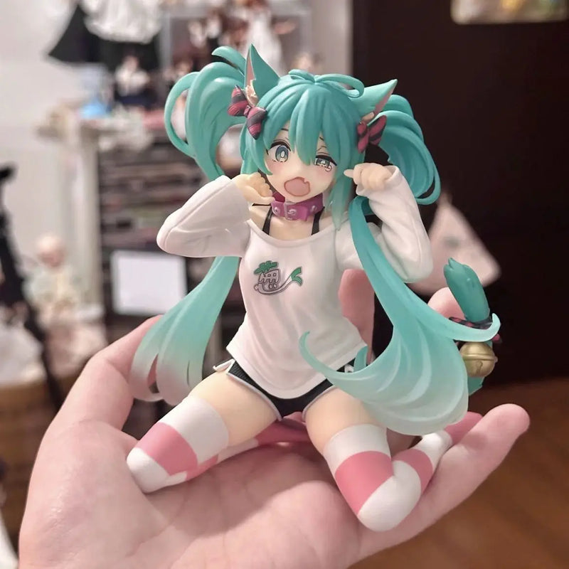 12CM New Anime Hatsune Miku Cat ears Sitting posture pajamas kawaii Action Figure PVC Model Toys doll Decor Collect Gifts