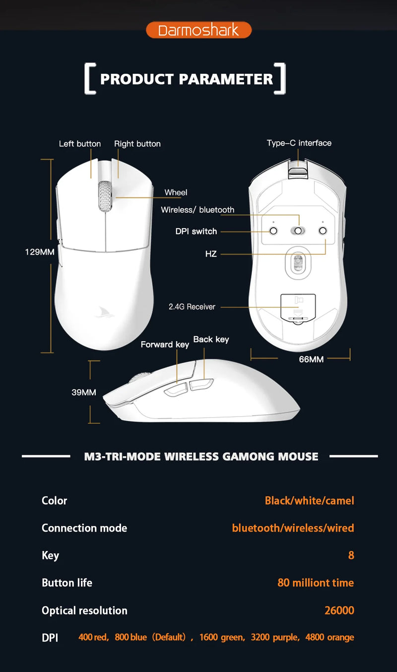 Motospeed Darmoshark M3 8K Bluetooth Wireless Gaming Mouse 26K DPI PAW3395 Sensor Computer Office Mouse TTC For Laptop PC