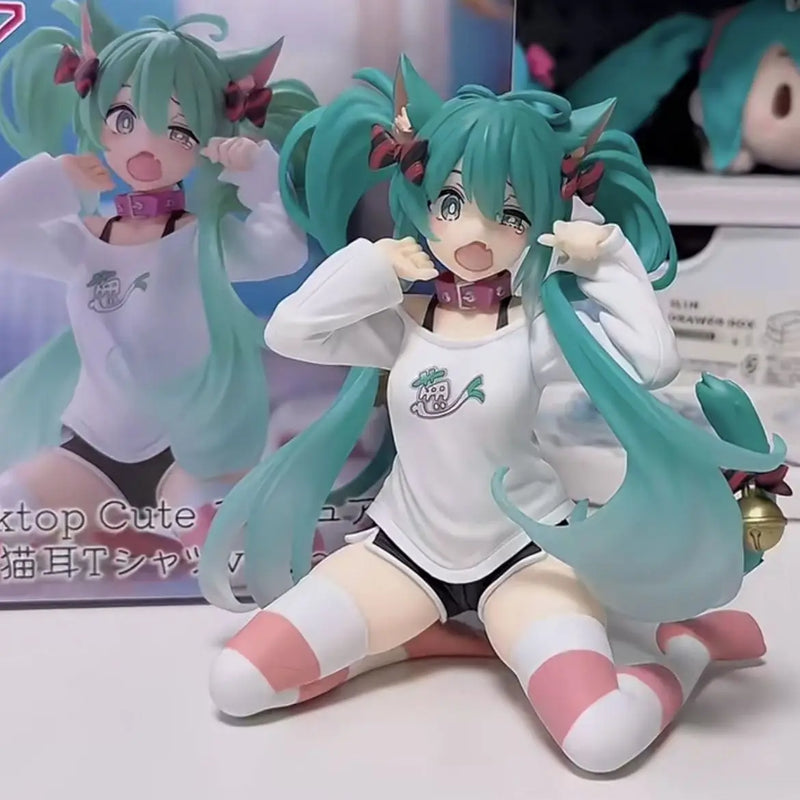 12CM New Anime Hatsune Miku Cat ears Sitting posture pajamas kawaii Action Figure PVC Model Toys doll Decor Collect Gifts