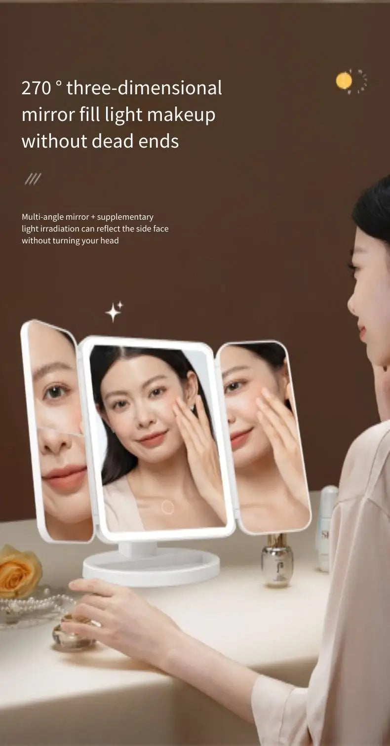 Trifold Makeup Mirror LED Lights Dorm Dressing Mirror Beauty Light up your fill light with Smart Complementary Makeup Mirror Tri