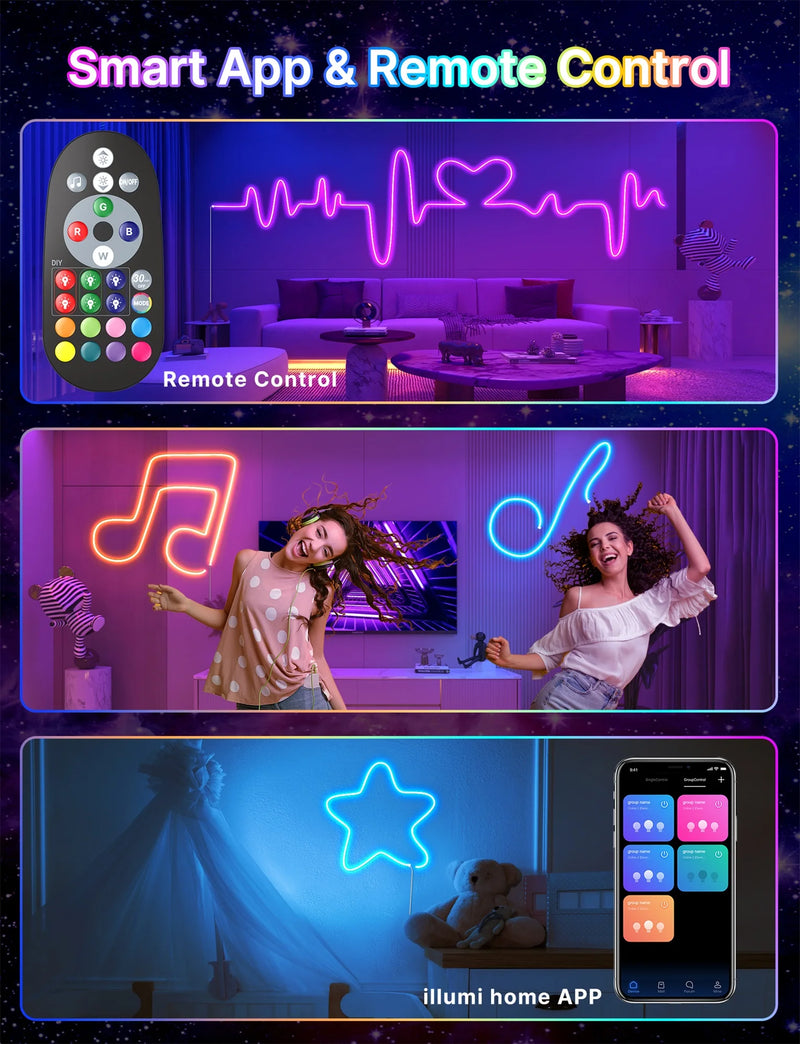 10m USB RGB LED Neon Light Strip, 5V 72LEDs/m Silicone Bluetooth Rope with Remote, APP Music Sync Waterproof TV Backlight Decor