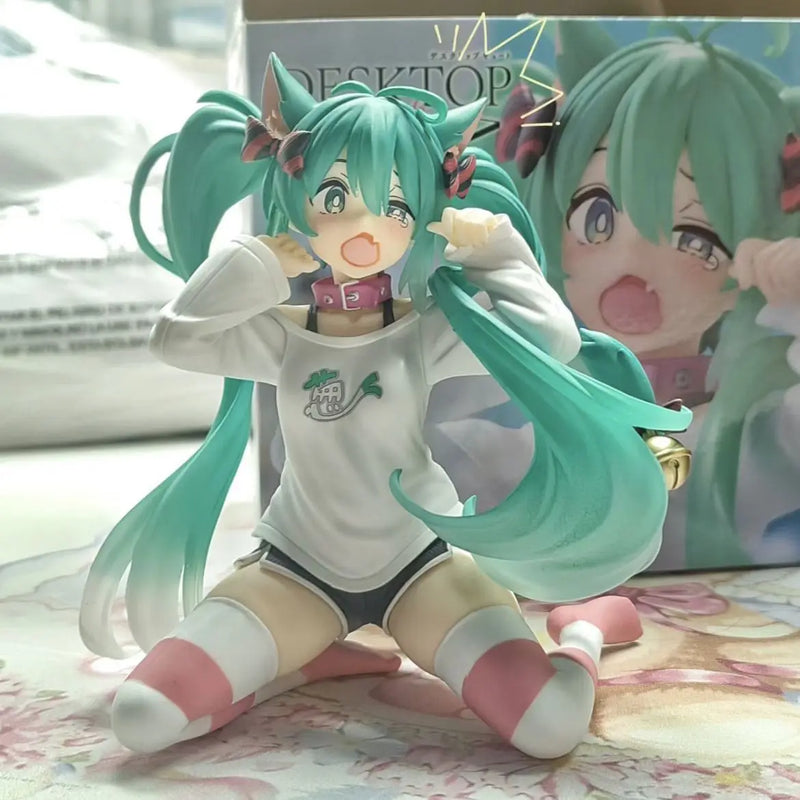12CM New Anime Hatsune Miku Cat ears Sitting posture pajamas kawaii Action Figure PVC Model Toys doll Decor Collect Gifts