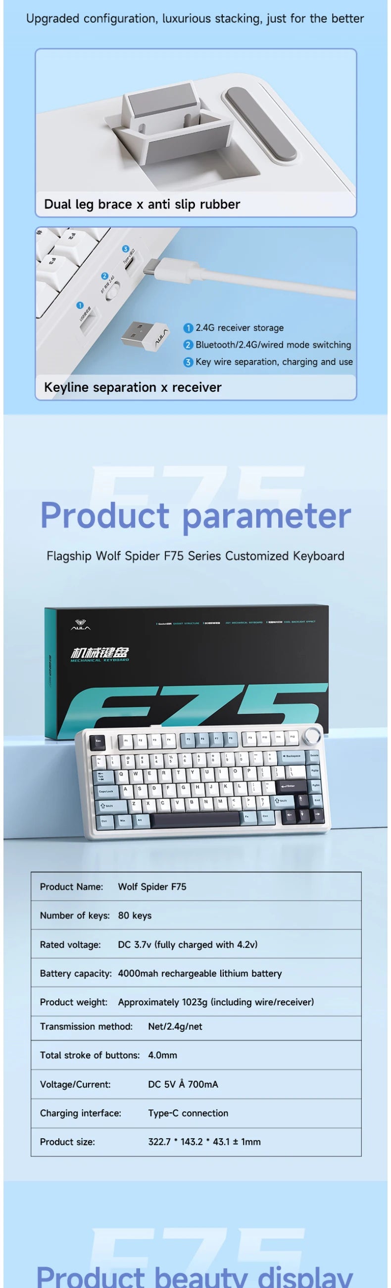 AULA F75 Original Keyboard RGB Customized Bluetooth Wireless 2.4G Type-C Wired Hot Swap75% OEM Gasket Gaming Mechanical Keyboard