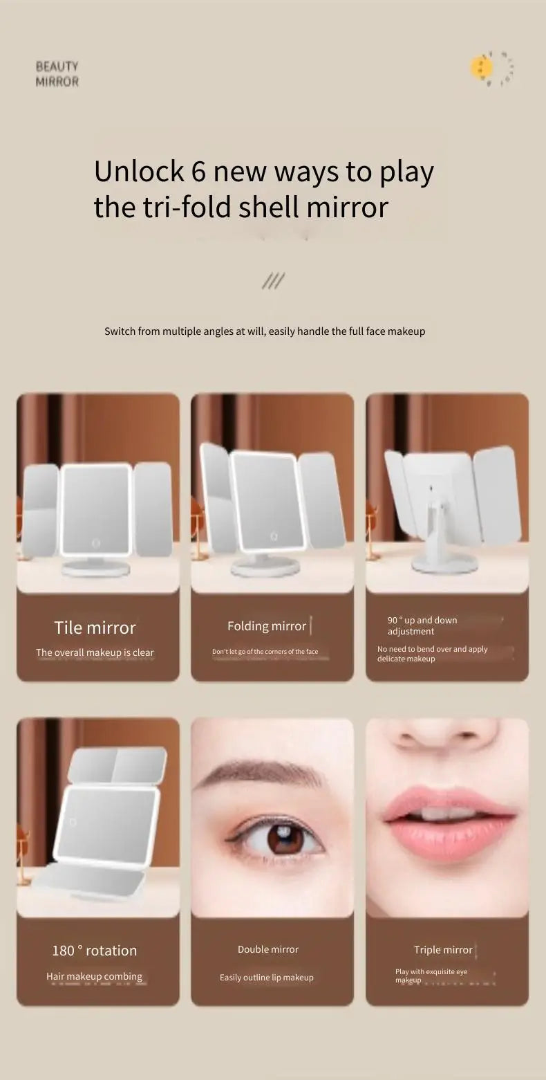 Trifold Makeup Mirror LED Lights Dorm Dressing Mirror Beauty Light up your fill light with Smart Complementary Makeup Mirror Tri
