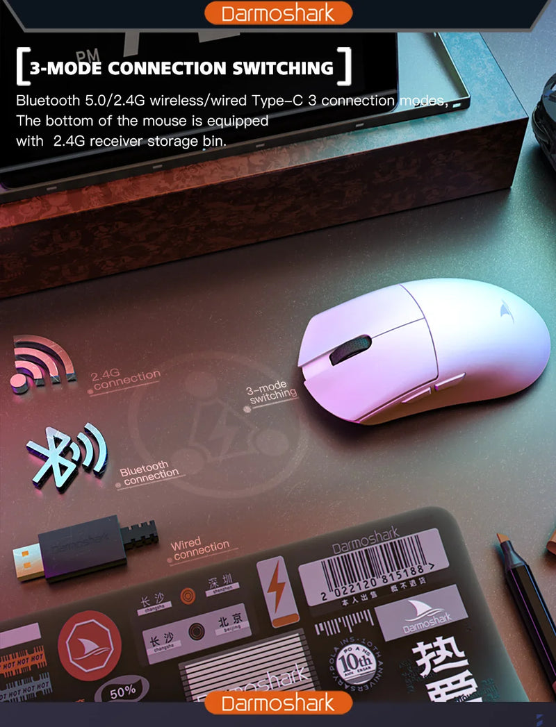 Motospeed Darmoshark M3 8K Bluetooth Wireless Gaming Mouse 26K DPI PAW3395 Sensor Computer Office Mouse TTC For Laptop PC