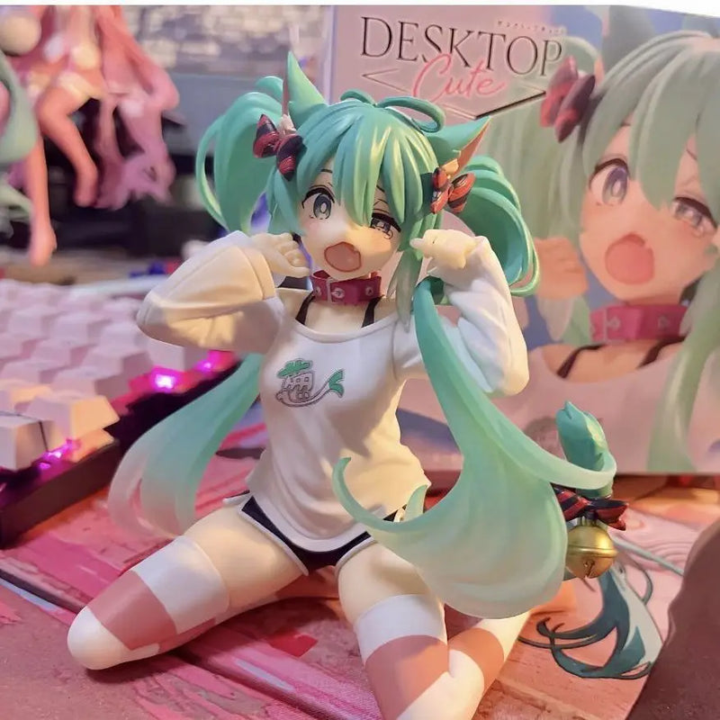 12CM New Anime Hatsune Miku Cat ears Sitting posture pajamas kawaii Action Figure PVC Model Toys doll Decor Collect Gifts