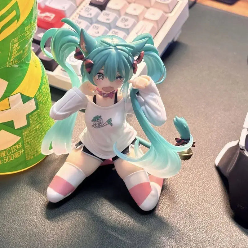 12CM New Anime Hatsune Miku Cat ears Sitting posture pajamas kawaii Action Figure PVC Model Toys doll Decor Collect Gifts
