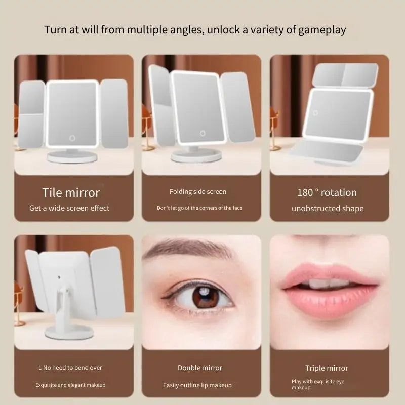 Trifold Makeup Mirror LED Lights Dorm Dressing Mirror Beauty Light up your fill light with Smart Complementary Makeup Mirror Tri